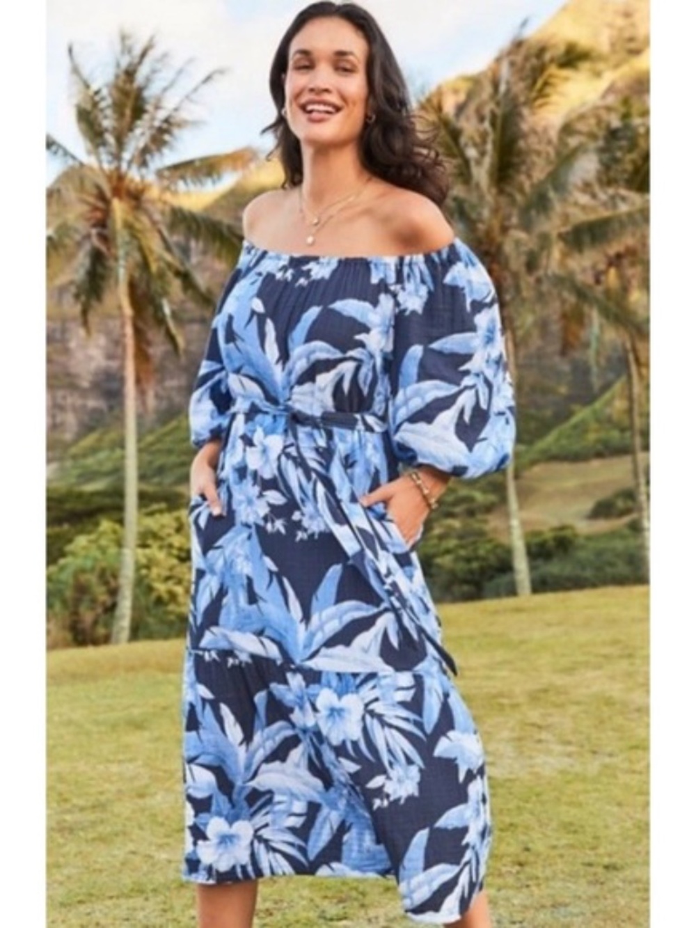 New Tommy Bahama Daybreak Hibiscus Gauze Off-shoulder Dress Tropical Print M